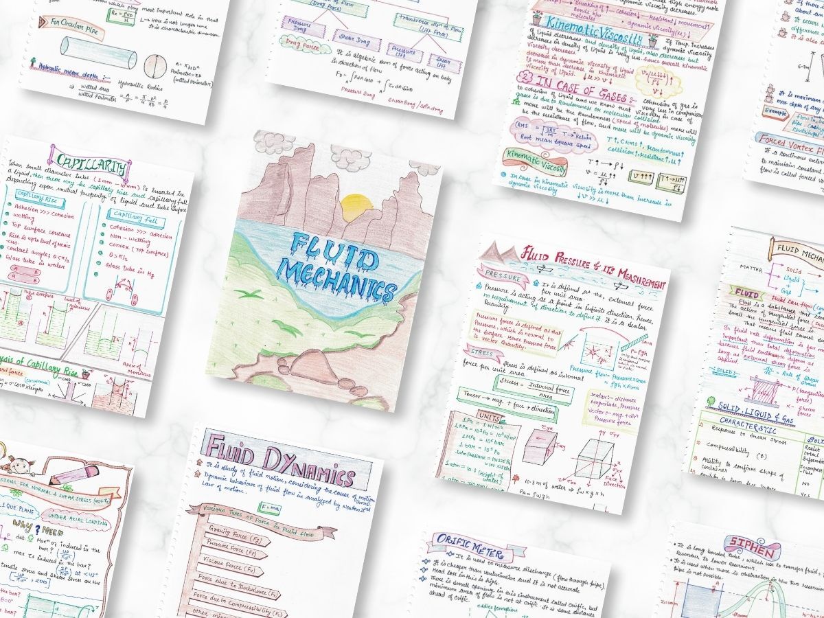 fluid mechanics aesthetic notes sample 2 with multiple notes small pages in inclined texture of newton desk