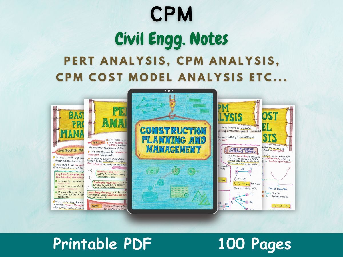construction planning management cpm aesthetic notes cover or featured image in blue for civil engineering of newton desk